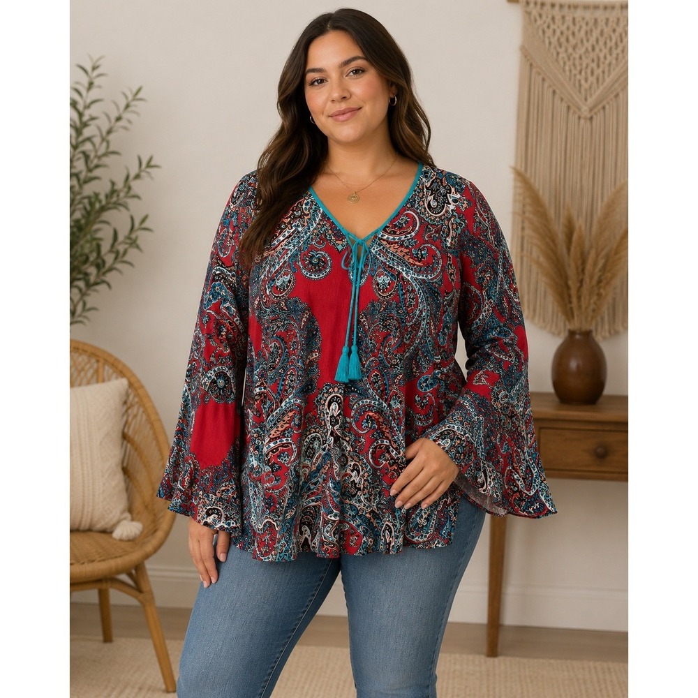 Boho Paisley Bell Sleeve Top Tassel Tie Tunic Festival Boutique Blouse